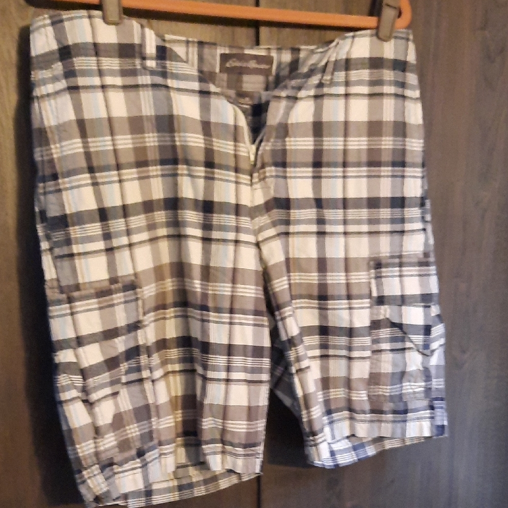 Eddie Bauer Blue, White And Gray Plaid Cargo Shorts